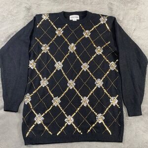 VTG Alfred Dunner 90s Sweater Womens M Sequin Embellished Argle‎ Knit Party